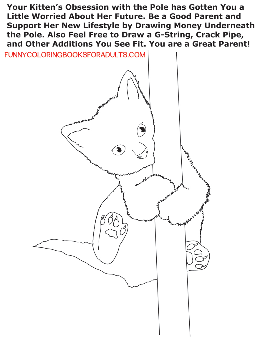 free funny coloring page adults : pussy cat on pole